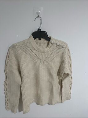 Button Shoulder Cable-Trim Crewneck Sweater - Cream